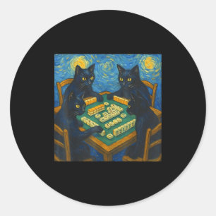 Pegatina Redonda Van gogh noche estrellada gato jugando mahjong chi