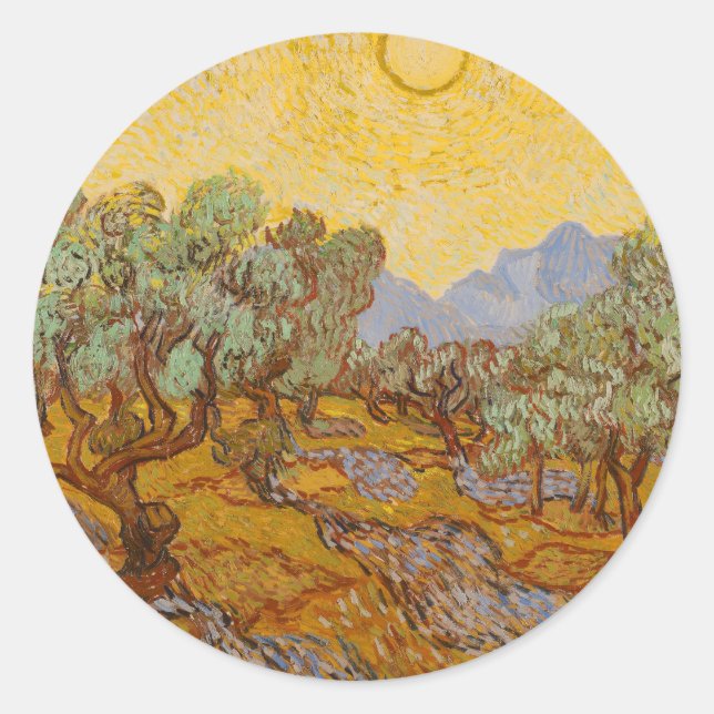 Pegatina Redonda Van Gogh Olive Trees cielo amarillo (Anverso)