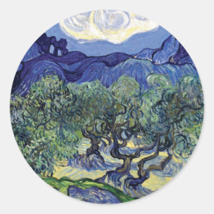 Pegatina Redonda Van Gogh - Olivos en un paisaje montañoso