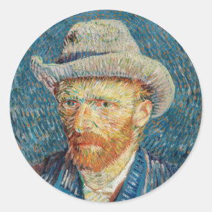 Pegatina Redonda Van Gogh - Retrato propio con un Gorra de Grey Fel