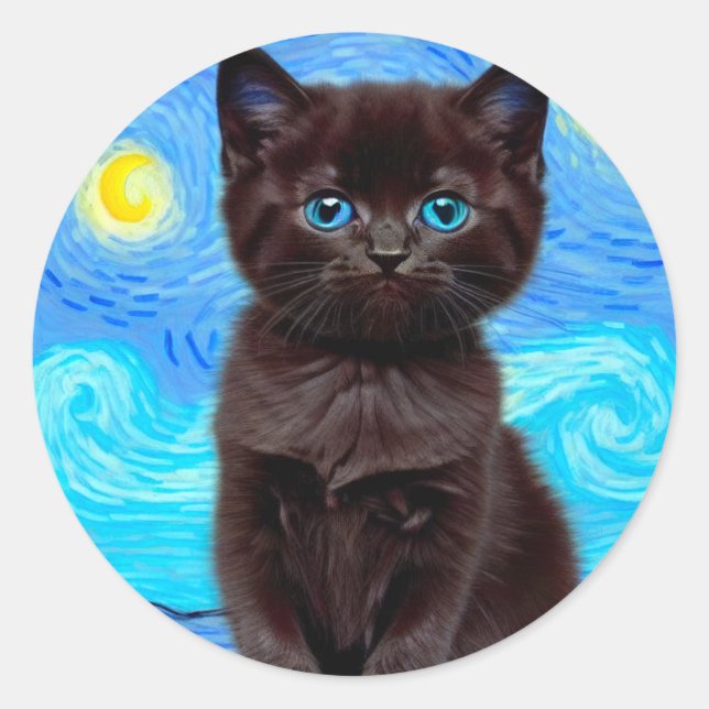 Pegatina Redonda Van Gogh Starry Night Black Cat (Anverso)