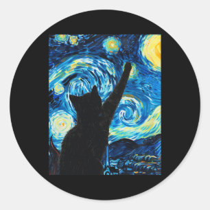 Pegatina Redonda Van Gogh Starry Night Cat Lover Kitten