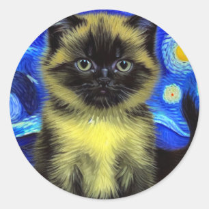 Pegatina Redonda Van Gogh Starry Night Siamese Cat