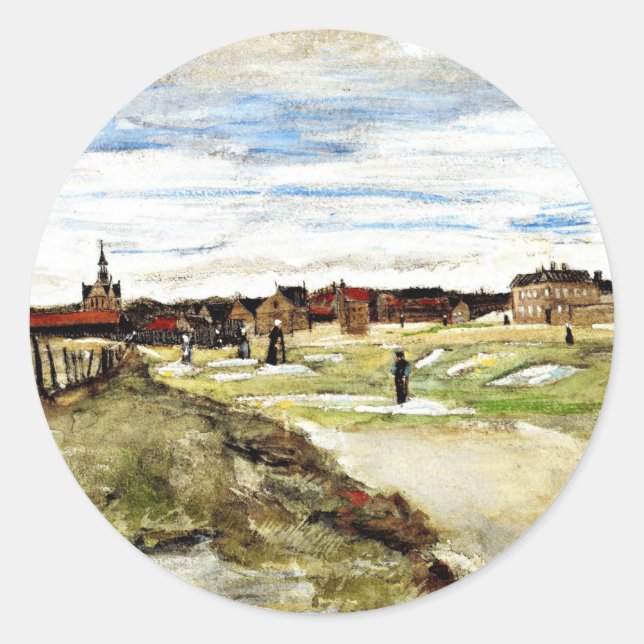Pegatina Redonda Van Gogh - Terreno de caza en Scheveningen, 1882, (Anverso)