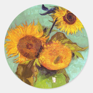 Pegatina Redonda Van Gogh - Tres Girasoles En Un Jarrón - Arte Fino