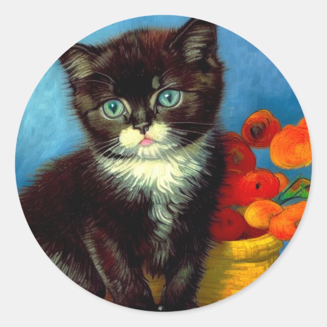 Pegatina Redonda Van Gogh Tuxedo Cat (Anverso)