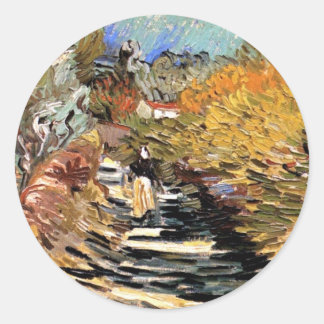 Pegatina Redonda Van Gogh - Un camino en Saint-Remy con figura feme