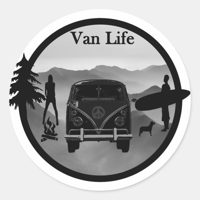 Pegatina Redonda Van Life adventures (Anverso)