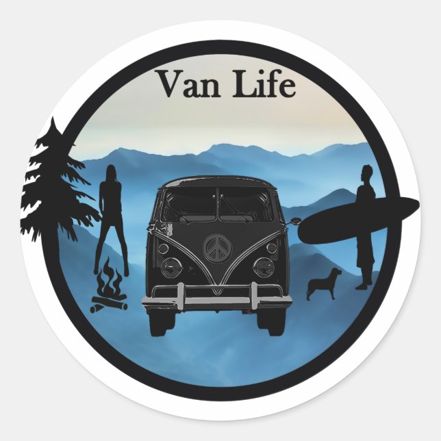 Pegatina Redonda Van Life adventures (Anverso)