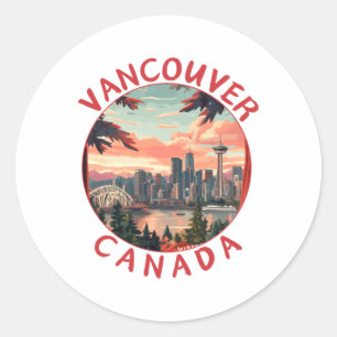 Pegatina Redonda Vancouver en Canadá Arte de viaje vectorial retro