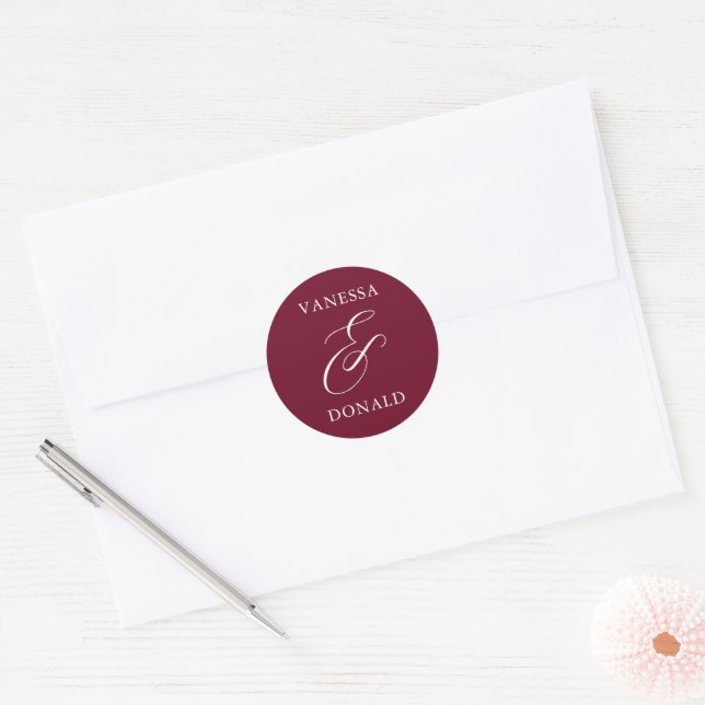 Pegatina Redonda Vanessa Burgundy Modern Boda (Sobre)
