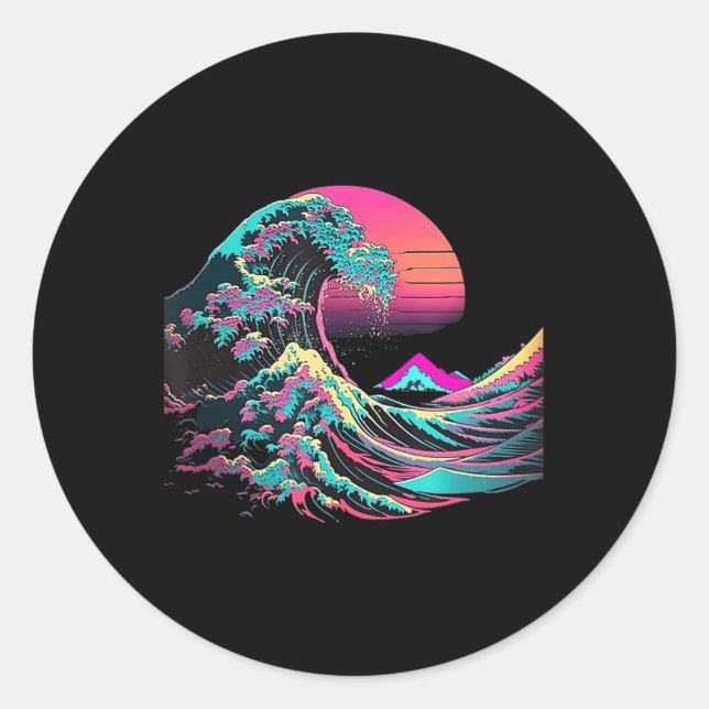 Pegatina Redonda Vaperwave Estético Glitch Great Wave Retrowave Sy (Anverso)