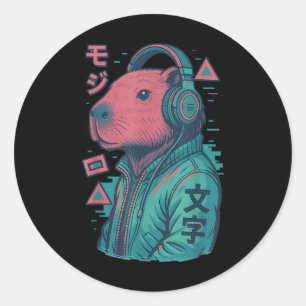 Pegatina Redonda Vaporwave Capybara Anime de arte japonés Manga Uki