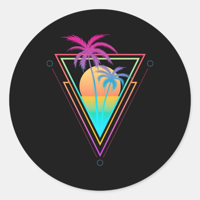 Pegatina Redonda Vaporwave Palm Trees Beach Surf Años 1980 (Anverso)