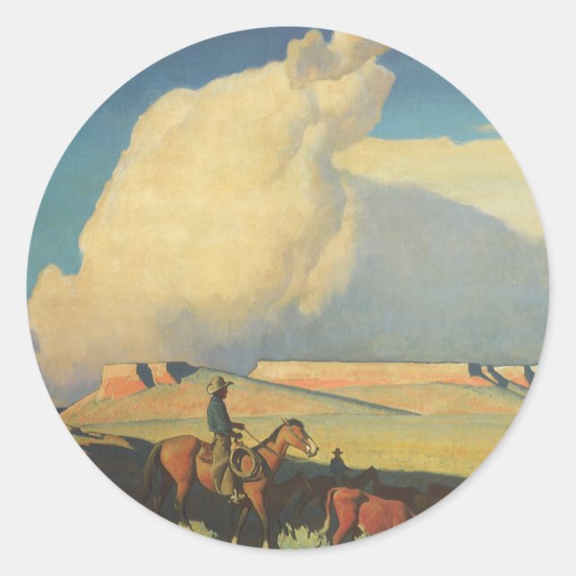 Pegatina Redonda Vaqueiros antiguos, Open Range de Maynard Dixon (Anverso)