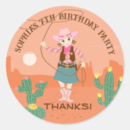 Pegatina Redonda Vaquera con lazo y cactus Fiesta de cumpleaños