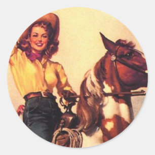 Pegatina Redonda Vaquera en su caballo