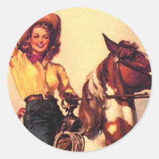 Pegatina Redonda Vaquera en su caballo
