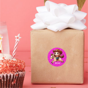 Pegatina Redonda Vaquera y caballo rosa occidental