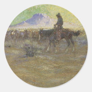Pegatina Redonda Vaquero arreando ganado en el rango por Lon Megarg