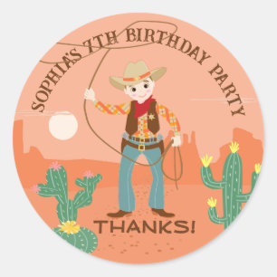 Pegatina Redonda Vaquero con lazo y cactus Fiesta de cumpleaños
