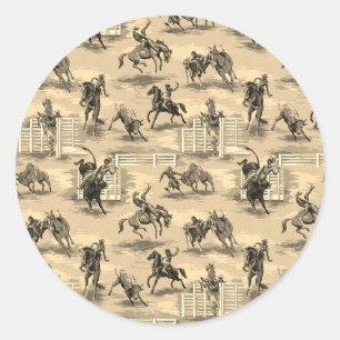 Pegatina Redonda Vaquero de Rodeo Occidental Retro Vintage