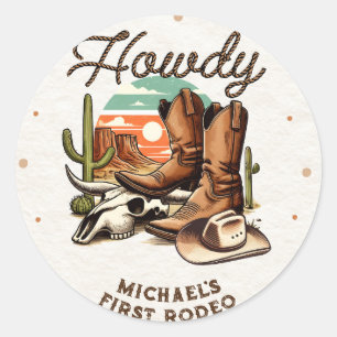 Pegatina Redonda Vaquero Oeste Rodeo Cumpleaños Niños 