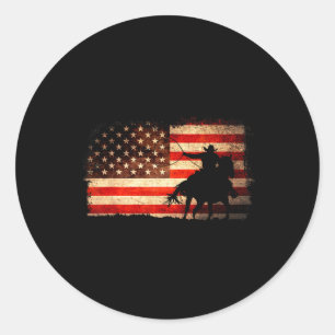 Pegatina Redonda Vaquero Rodeo Occidental País Caballo Bandera EEUU