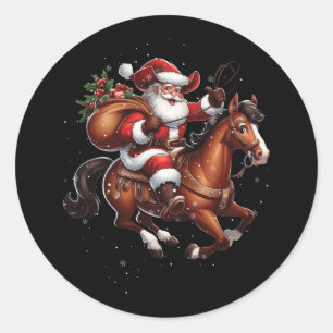Pegatina Redonda Vaquero Santa montando a un caballo Navidades Funn