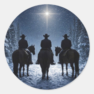 Pegatina Redonda Vaqueros de vacaciones de Navidad Estrella del Nor