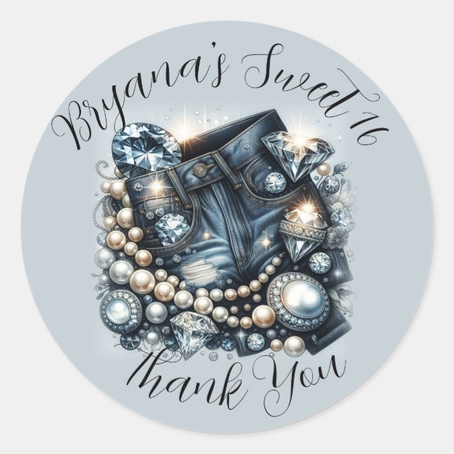 Pegatina Redonda Vaqueros Denim Diamonds & Pearls Bling Fiesta (Anverso)