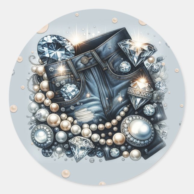 Pegatina Redonda Vaqueros Denim Diamonds & Pearls Bling Fiesta de C (Anverso)