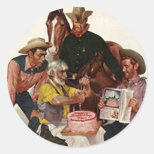 Pegatina Redonda Vaqueros Vintage, Fiesta feliz de cumpleaños Tex