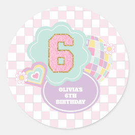 Pegatina Redonda Varsity preppy pastel parche 6 cumpleaños