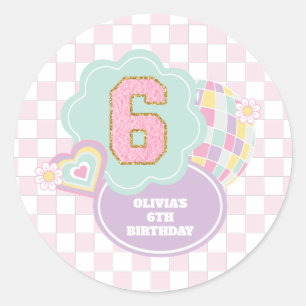 Pegatina Redonda Varsity preppy pastel parche 6 cumpleaños