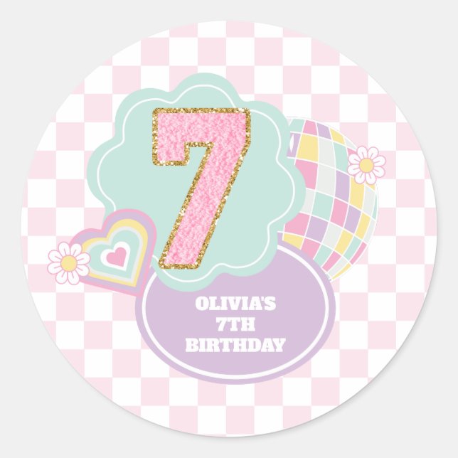 Pegatina Redonda Varsity preppy pastel parche 7 cumpleaños (Anverso)