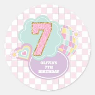 Pegatina Redonda Varsity preppy pastel parche 7 cumpleaños