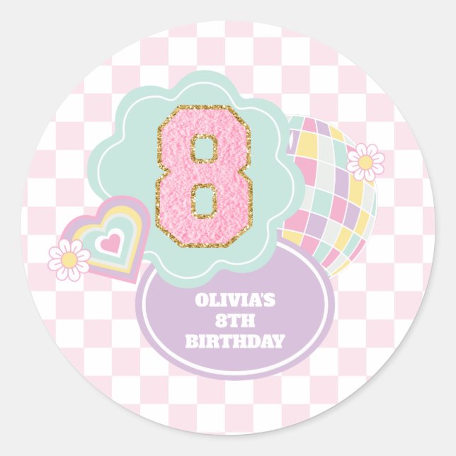 Pegatina Redonda Varsity preppy pastel parche 8 cumpleaños (Anverso)