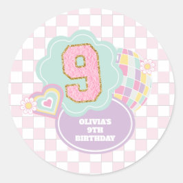 Pegatina Redonda Varsity preppy pastel parche 9 cumpleaños