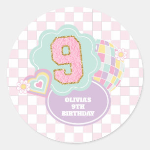Pegatina Redonda Varsity preppy pastel parche 9 cumpleaños
