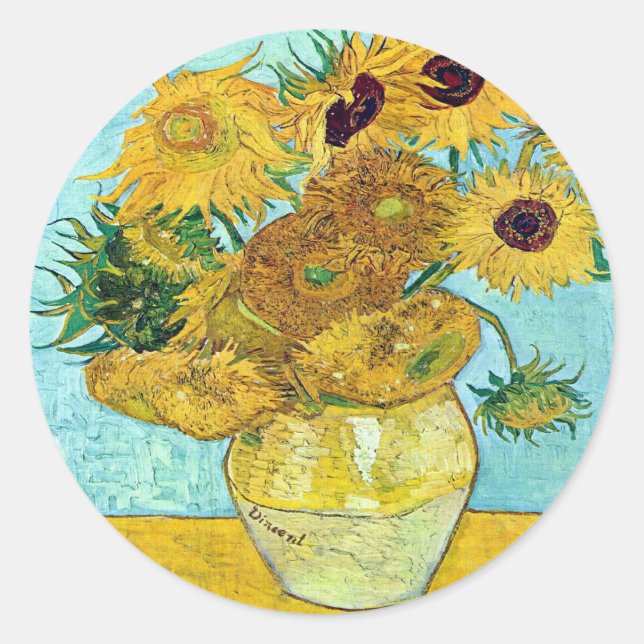 Pegatina Redonda Vase Con Doce Girasoles De Vincent Van Gogh (Anverso)
