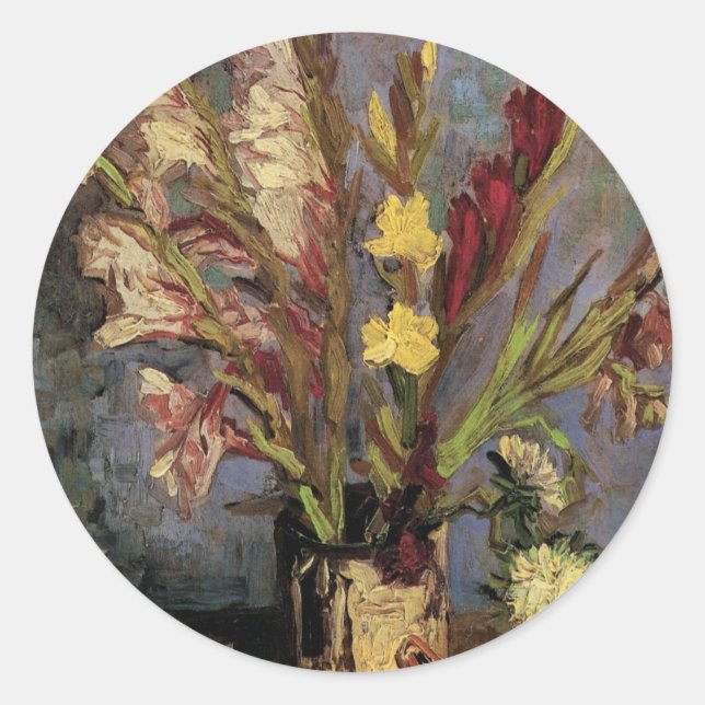 Pegatina Redonda Vase con Gladioli por Vincent van Gogh (Anverso)