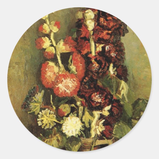 Pegatina Redonda Vase con Hollyhocks por Vincent van Gogh (Anverso)
