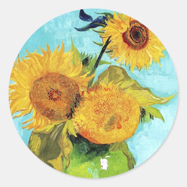 Pegatina Redonda Vase con tres girasoles (1888) Vincent Van Gogh (Anverso)