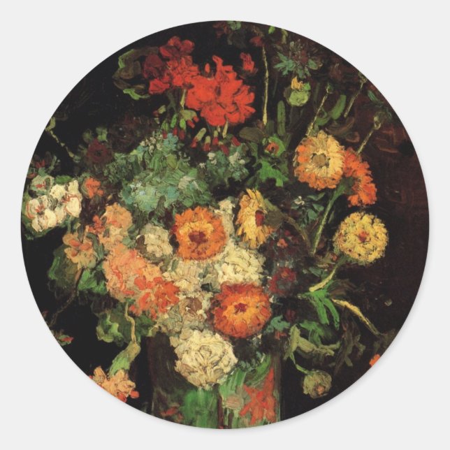 Pegatina Redonda Vase con Zinnias y Geranios, Vincent van Gogh (Anverso)