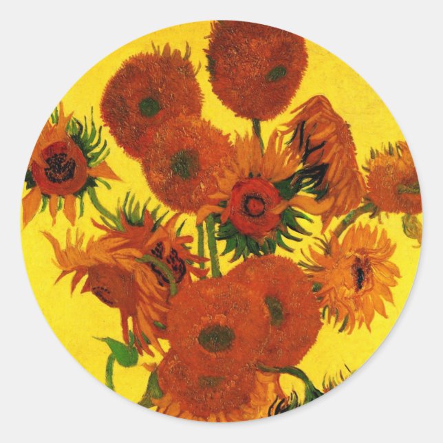 Pegatina Redonda Vase de la vida con 15 girasoles Vincent van Gogh (Anverso)