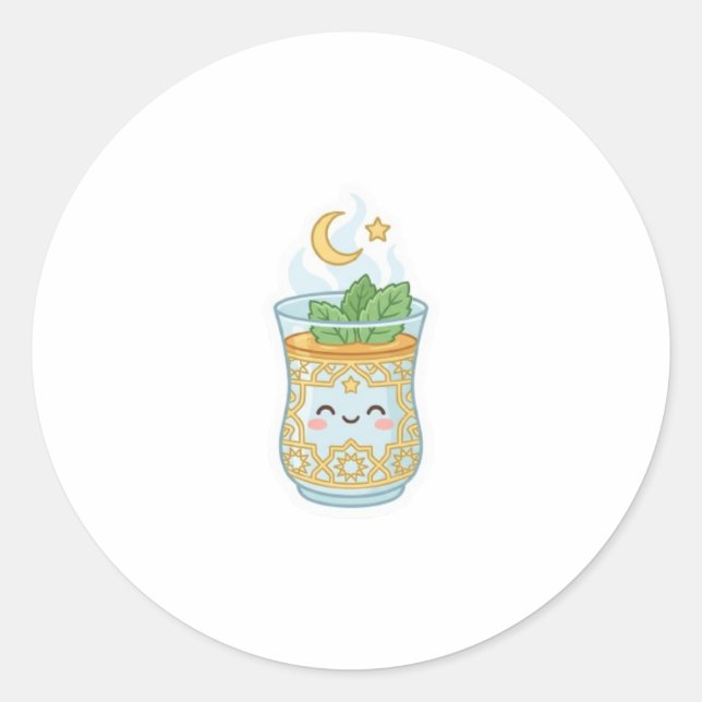 Pegatina Redonda Vaso de té de menta marroquí Kawaii. (Anverso)