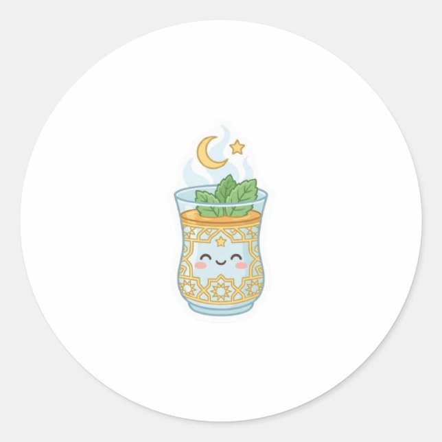 Pegatina Redonda Vaso de té de menta marroquí Kawaii. (Anverso)