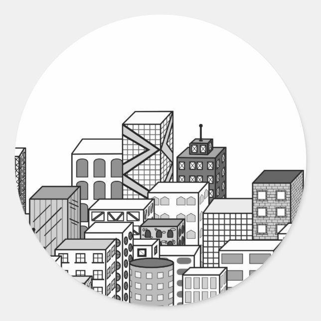 Pegatina Redonda Vector Cityscape (blanco y negro) (Anverso)