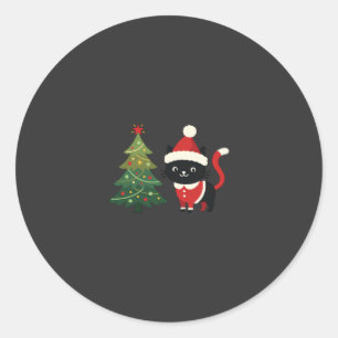 Pegatina Redonda Vector de gato de Navidad Santa árbol